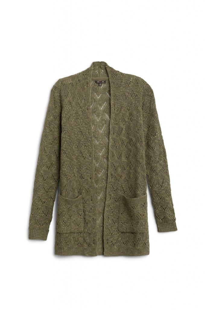 Stitch Fix women’s olive green cardigan with front pockets.