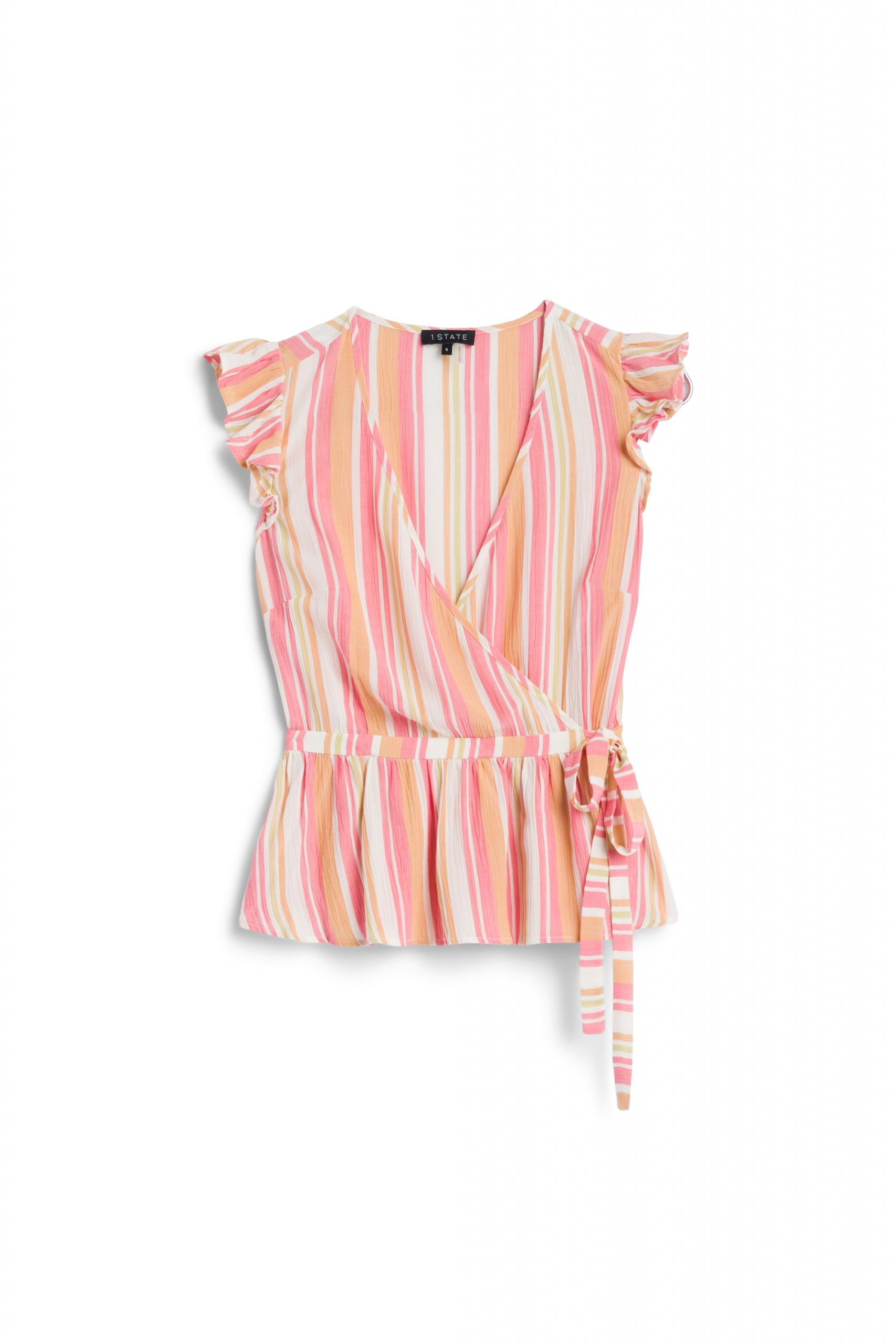 Stitch Fix women’s pink, orange and white striped wrap blouse with flutter sleeves.