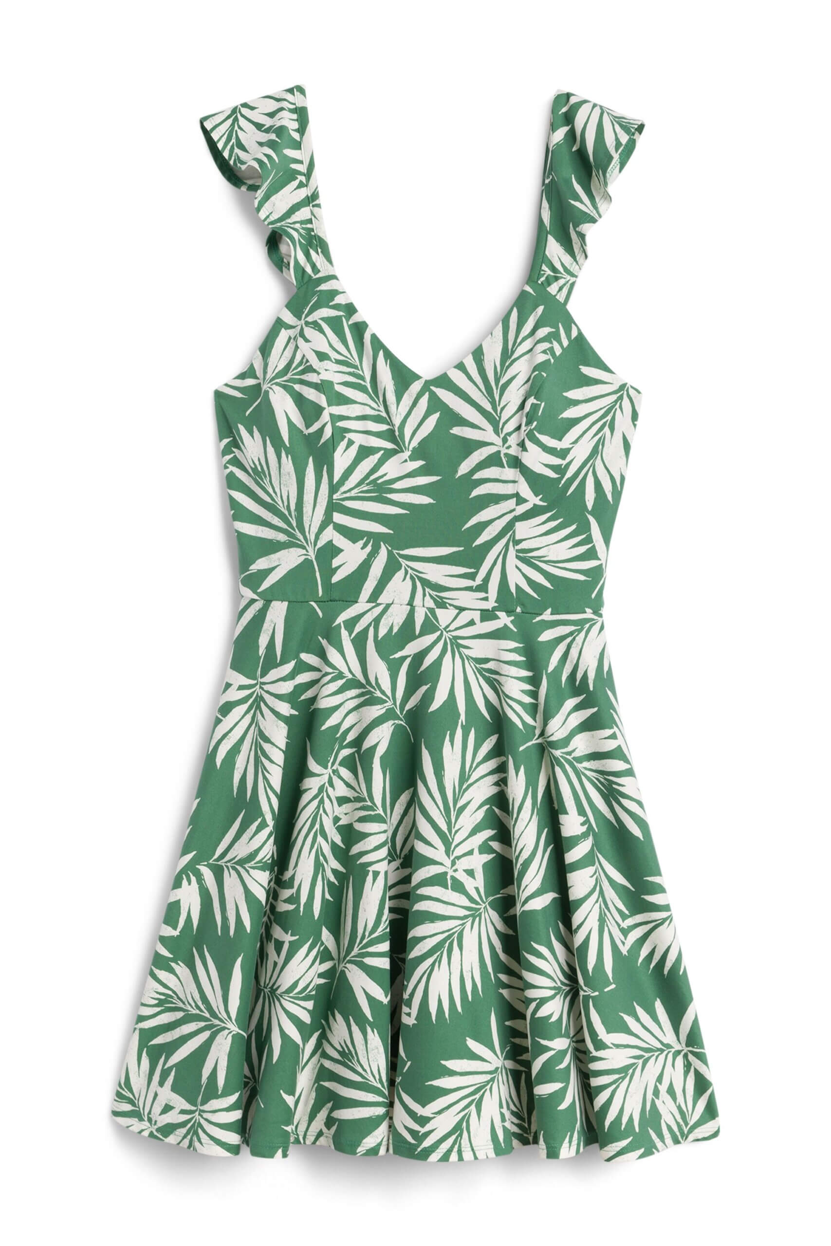Stitch Fix women’s flutter sleeve green and white palm print dress.