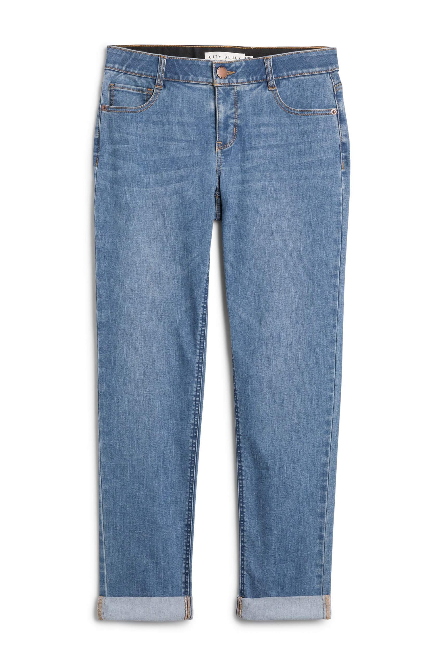 Stitch Fix women’s medium wash girlfriend jeans with cuffed hem.