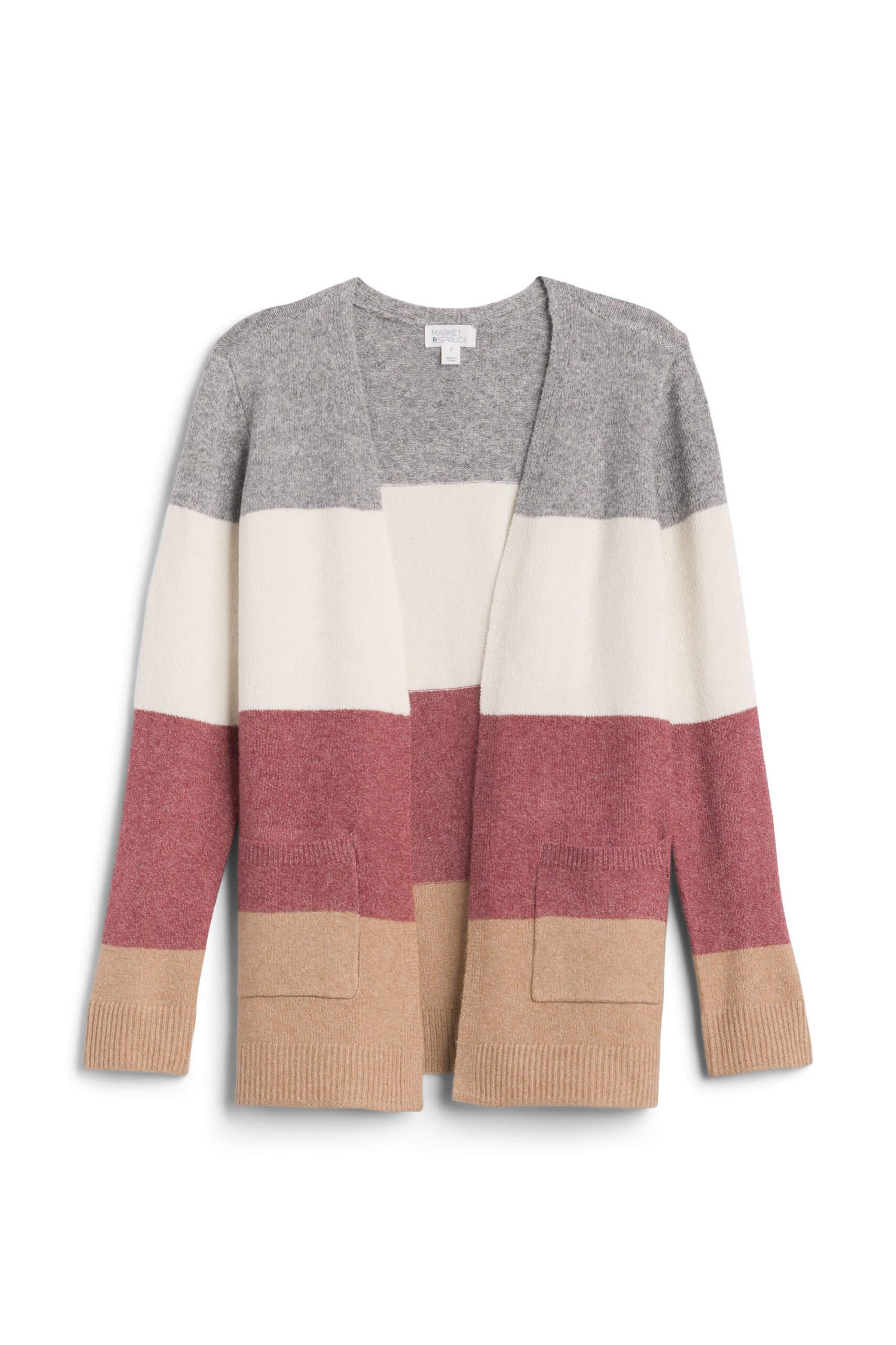 Stitch Fix women’s grey, beige, burgundy and tan colorblock cardigan.