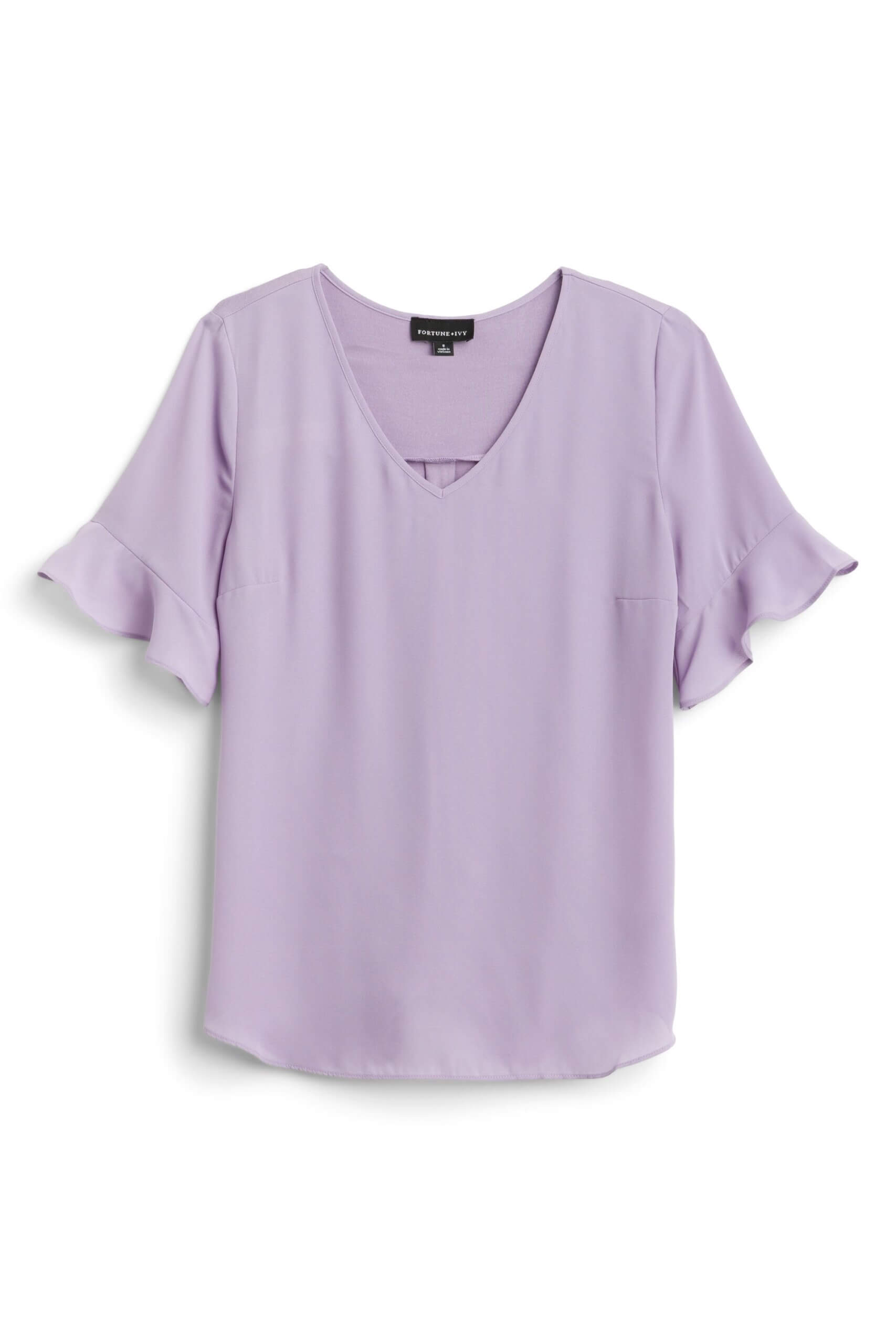 Stitch Fix women's romantic style purple, ruffled, short-sleeve top.