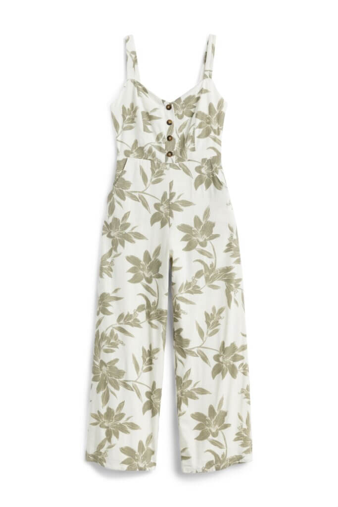 Stitch Fix women’s white and green tropical floral jumpsuit.