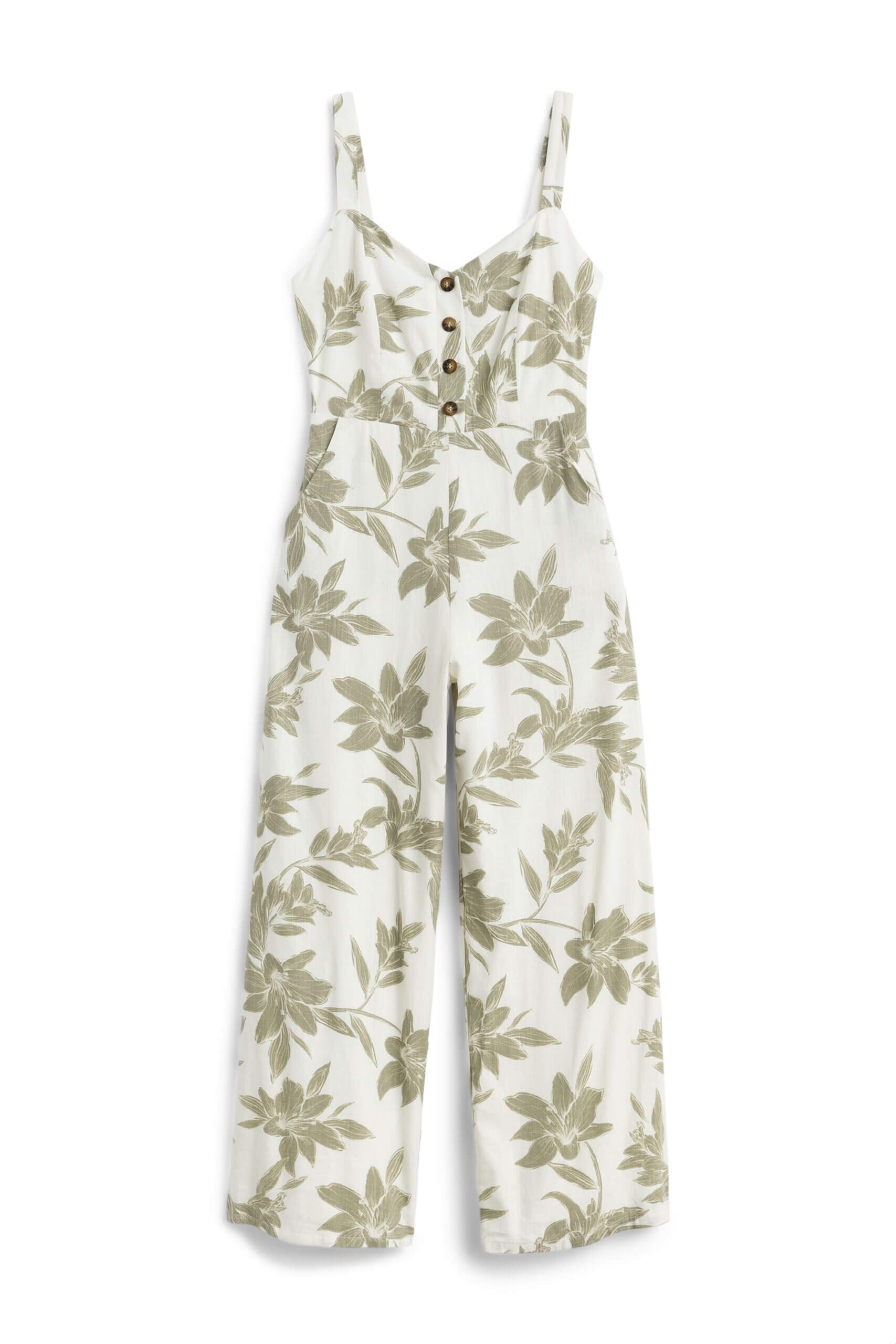 Stitch Fix women’s white and green tropical floral jumpsuit.