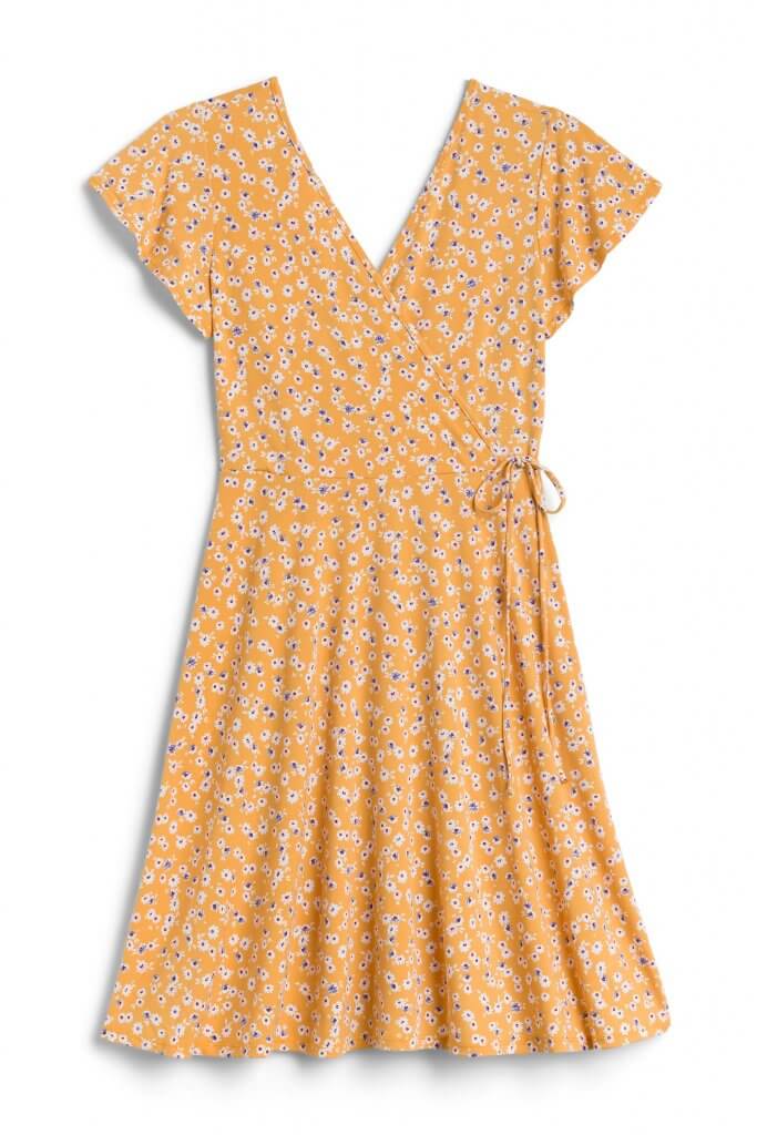 Stitch Fix women’s yellow floral wrap dress.