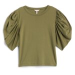 Stitch Fix women’s olive short-sleeve knit top with puff sleeves.