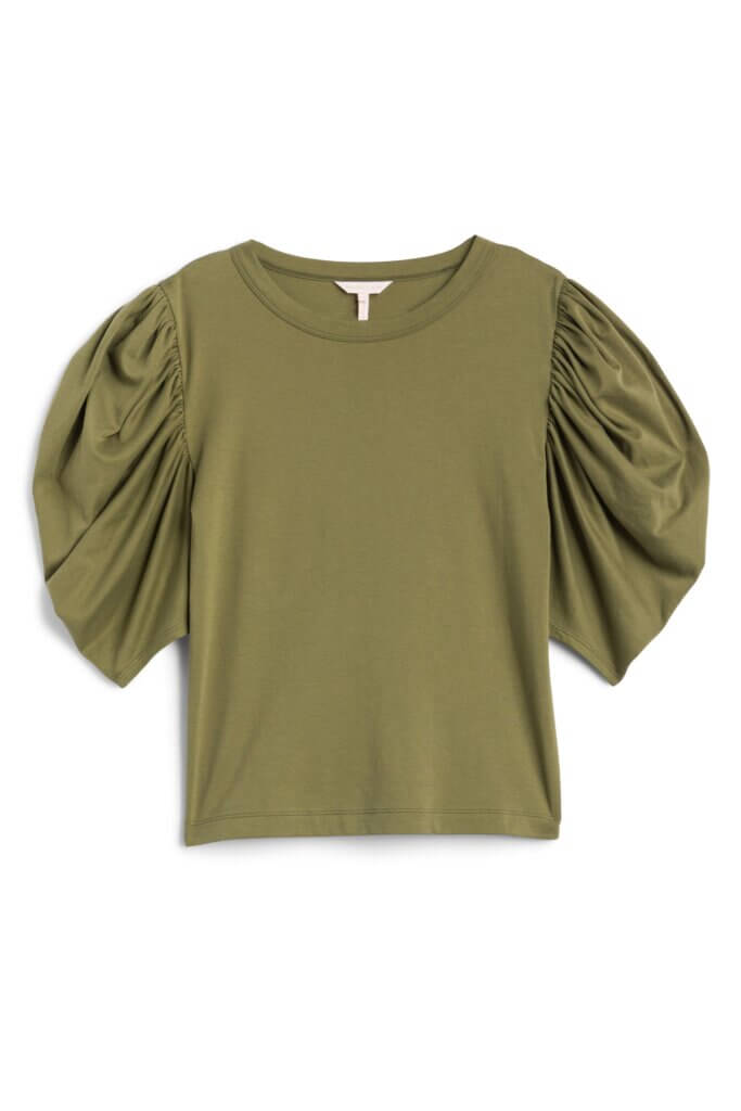 Stitch Fix women’s olive short-sleeve knit top with puff sleeves.