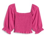 Stitch Fix women’s pink puff sleeve smocked cropped top.