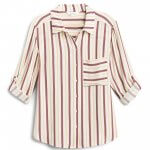 Stitch Fix women’s cream and burgundy vertical stripe button-down blouse with roll-tab sleeves.