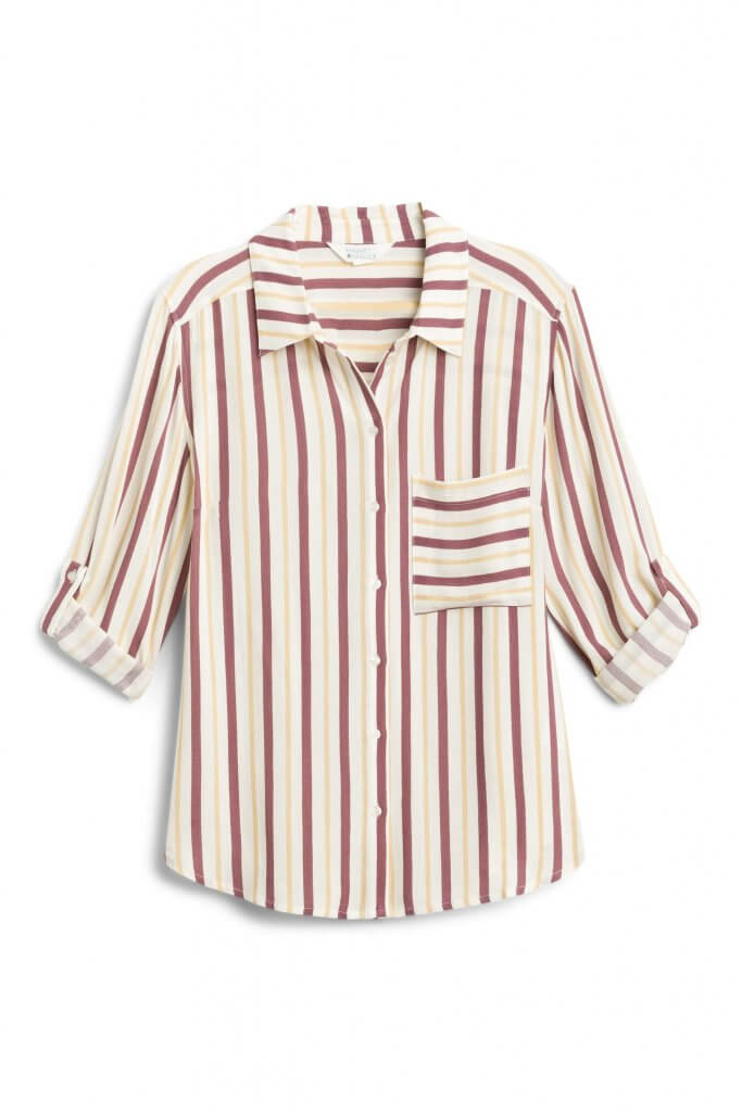 Stitch Fix women’s cream and burgundy vertical stripe button-down blouse with roll-tab sleeves.