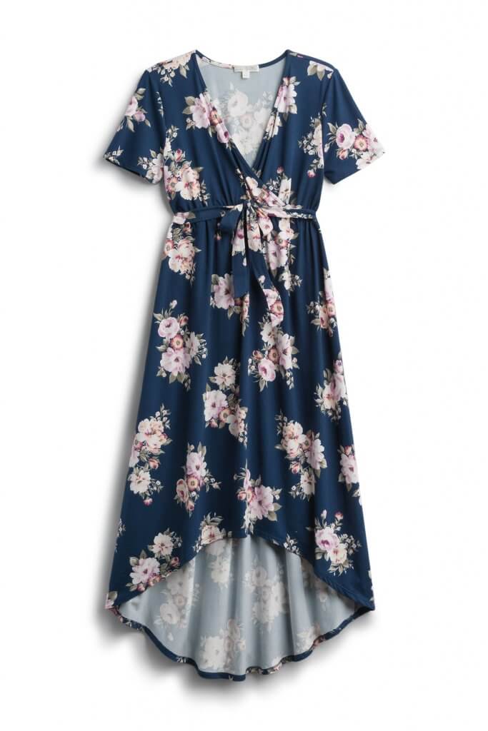 Stitch Fix Women’s blue floral maxi with high-low hem and tie-waist detail.