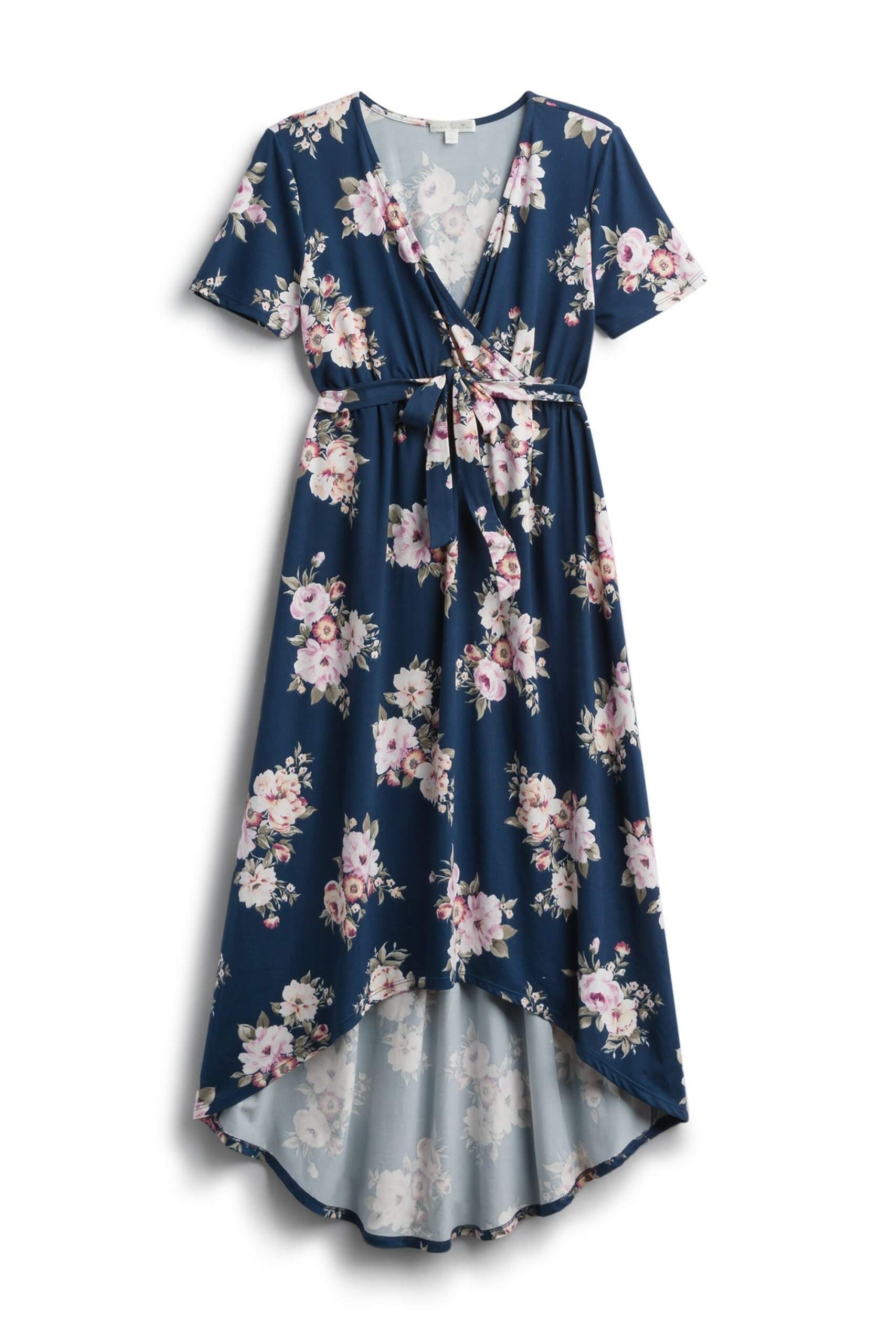 Stitch Fix Women’s blue floral maxi with high-low hem and tie-waist detail.
