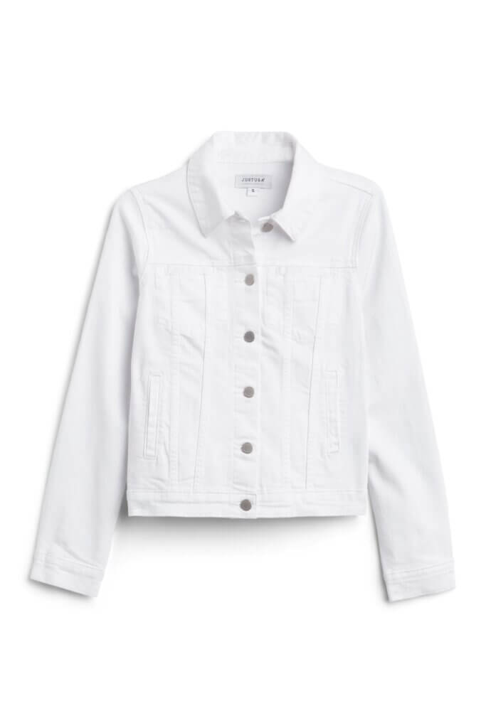 Stitch Fix women’s white denim jacket with silver buttons.