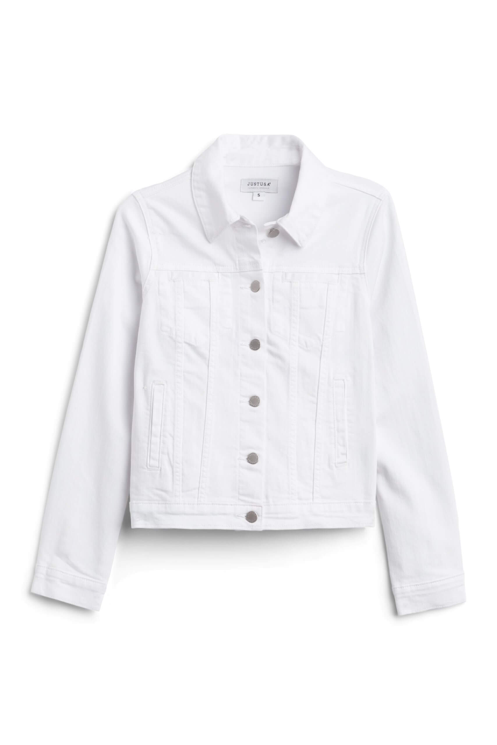 Stitch Fix women’s white denim jacket with silver buttons.