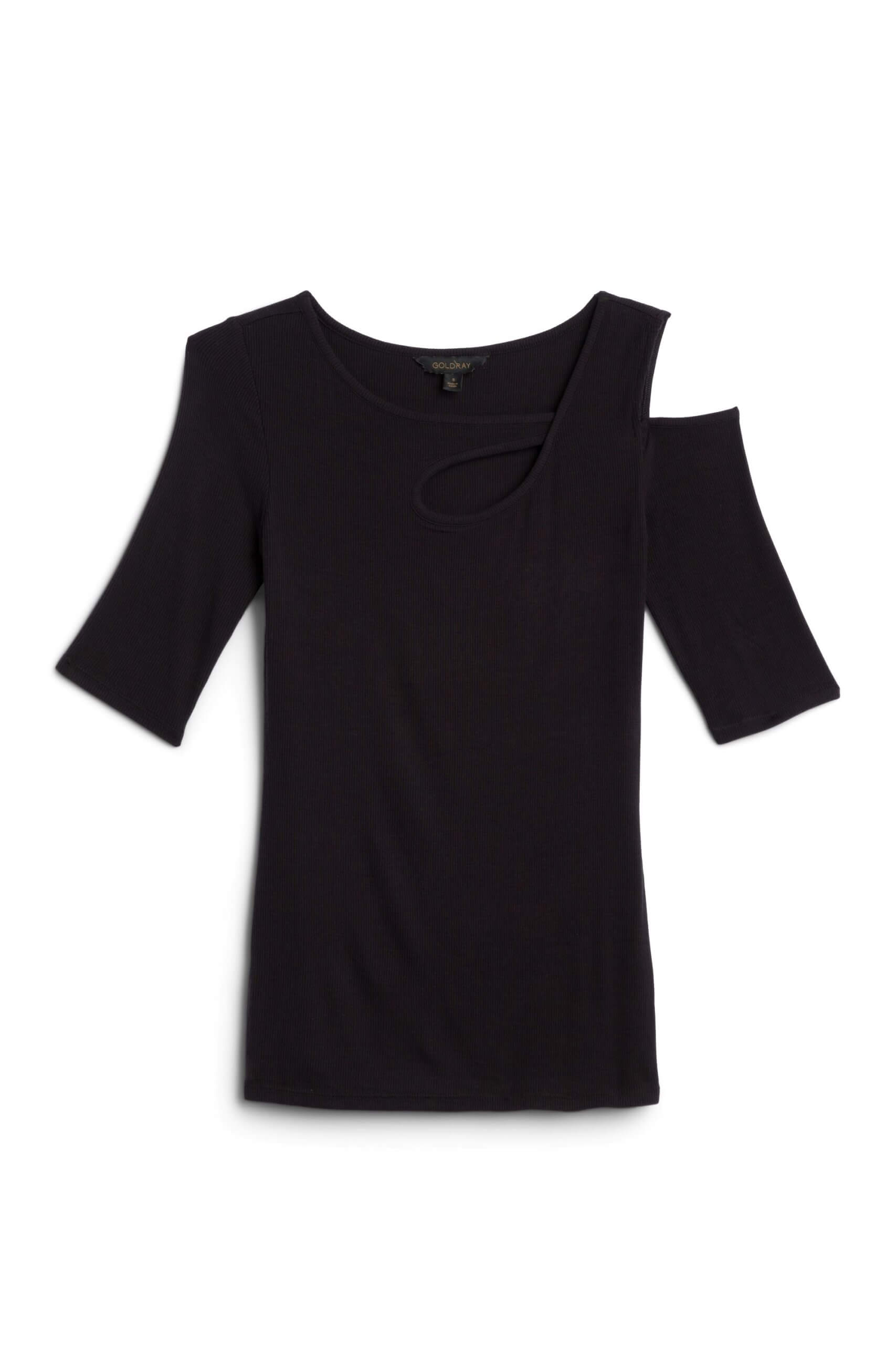 Stitch Fix women’s black short-sleeve shirt with asymmetrical shoulder cut-out detail.