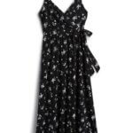 Stitch Fix women’s black and white floral print maternity jumpsuit with tie at waist.