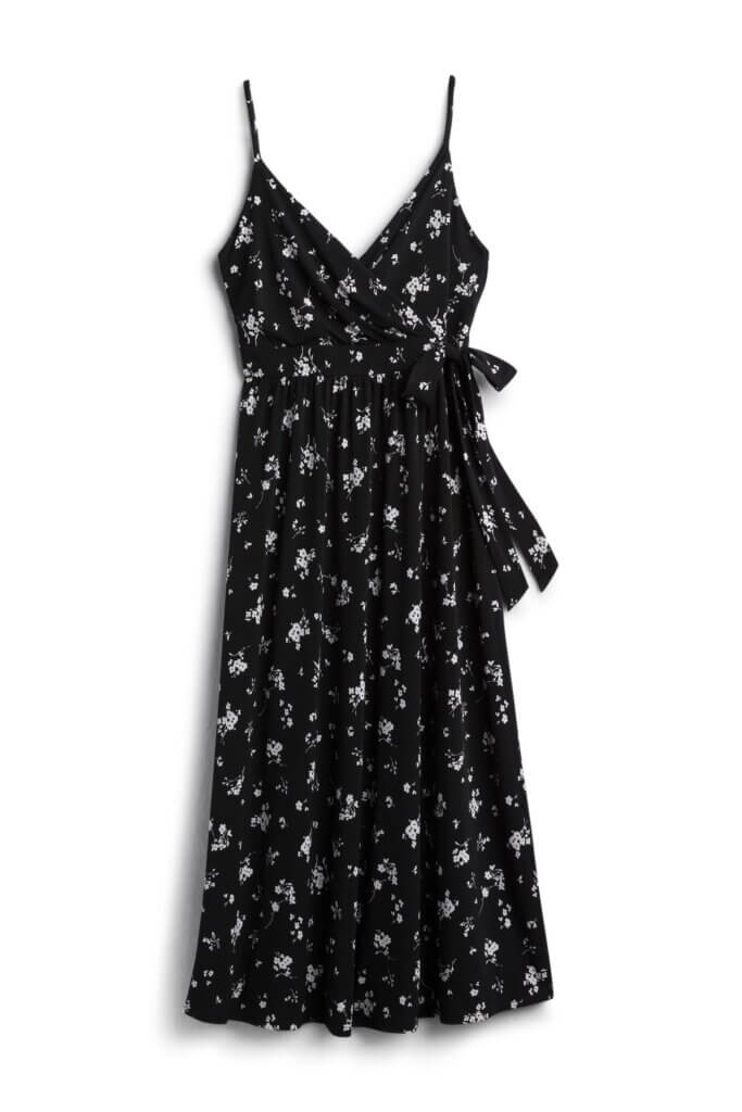 Stitch Fix women’s black and white floral print maternity jumpsuit with tie at waist.