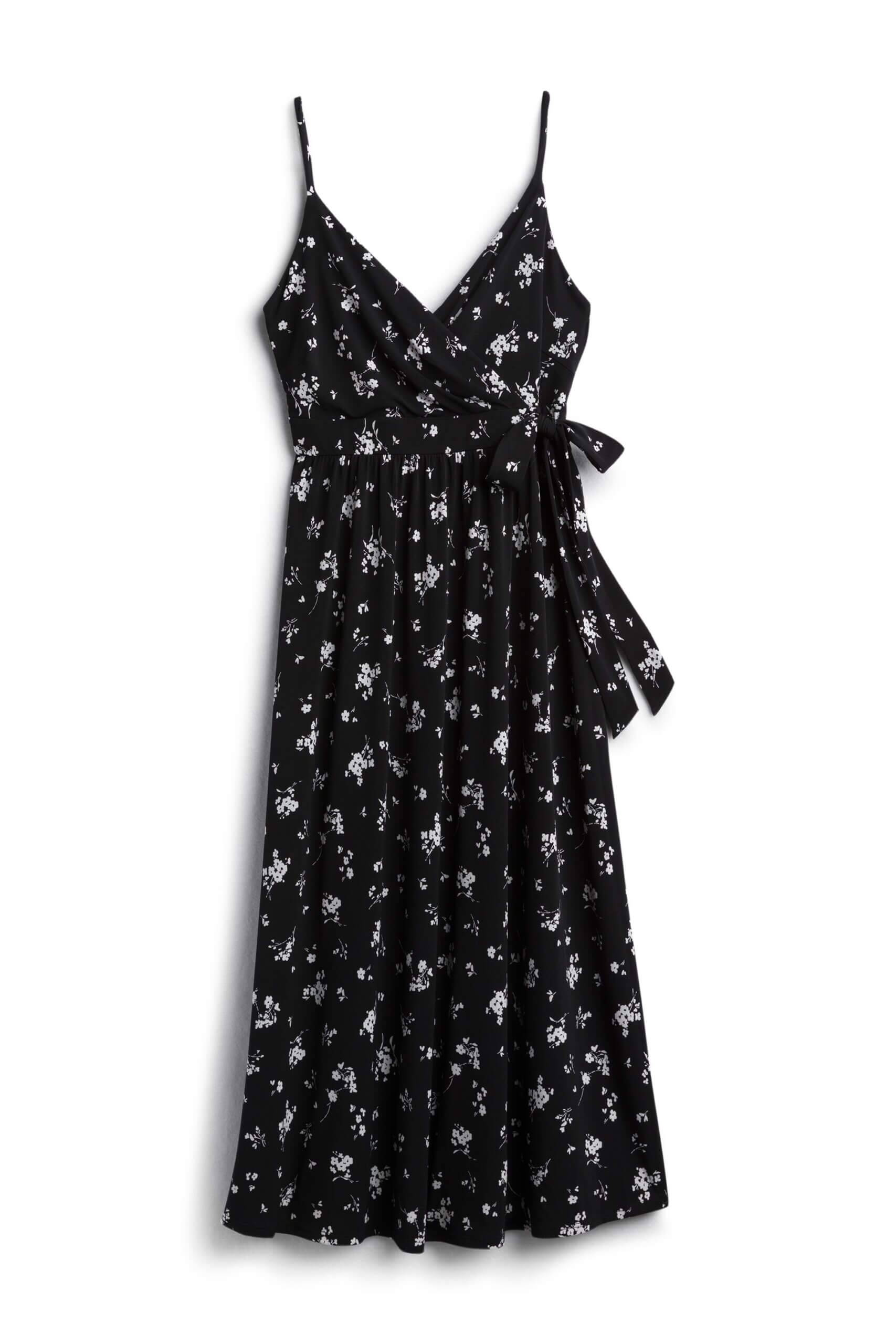 Stitch Fix women’s black and white floral print maternity jumpsuit with tie at waist.