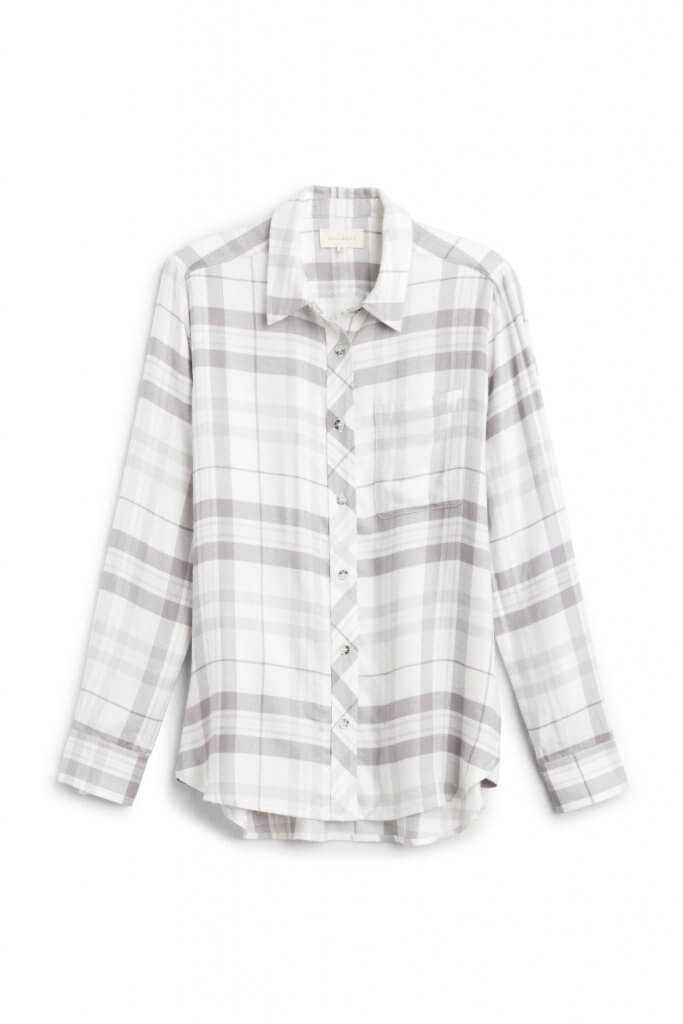Stitch Fix women’s white and grey plaid flannel button-down shirt.