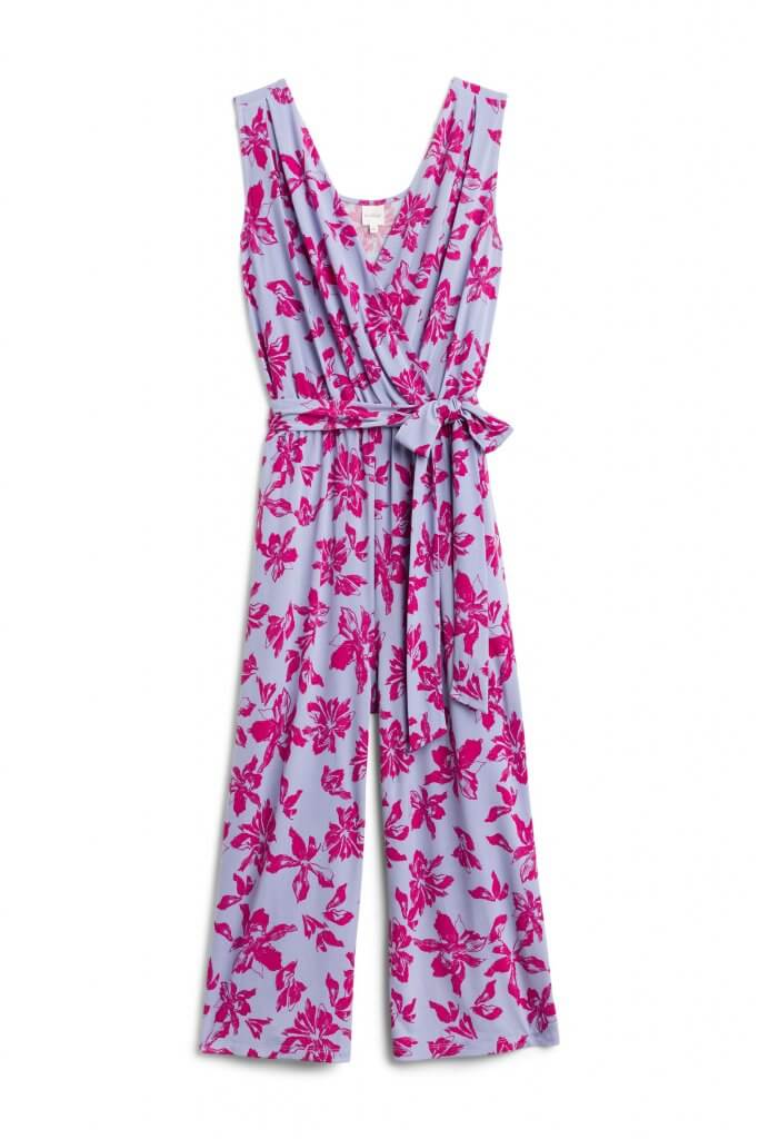 Stitch Fix women’s sleeveless purple and pink patterned jumpsuit.