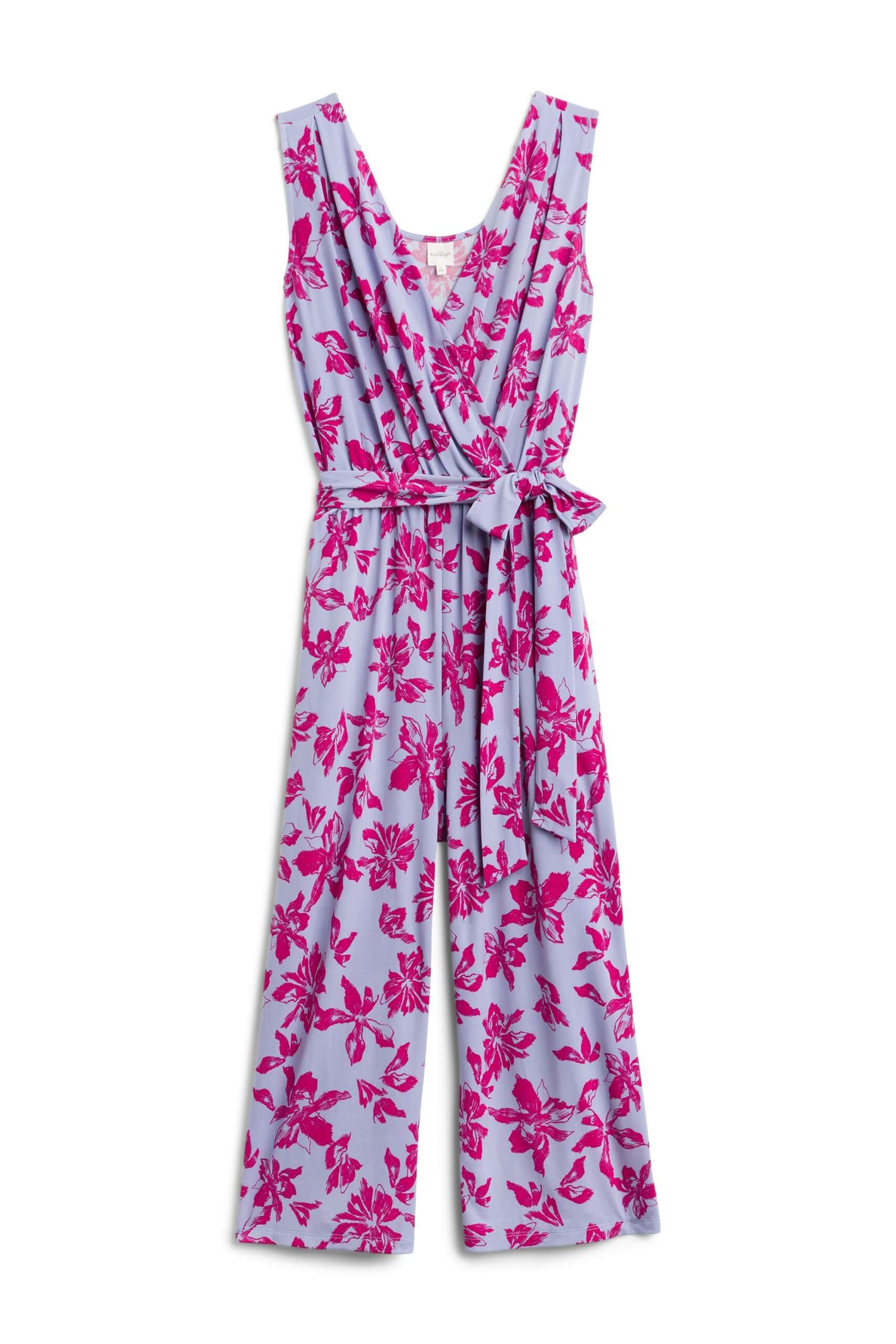 Stitch Fix women’s sleeveless purple and pink patterned jumpsuit.