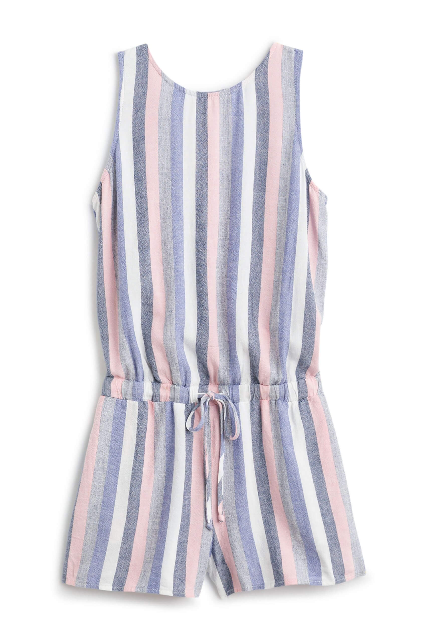 Stitch Fix Women’s pink, blue and white striped romper with a drawstring waist.