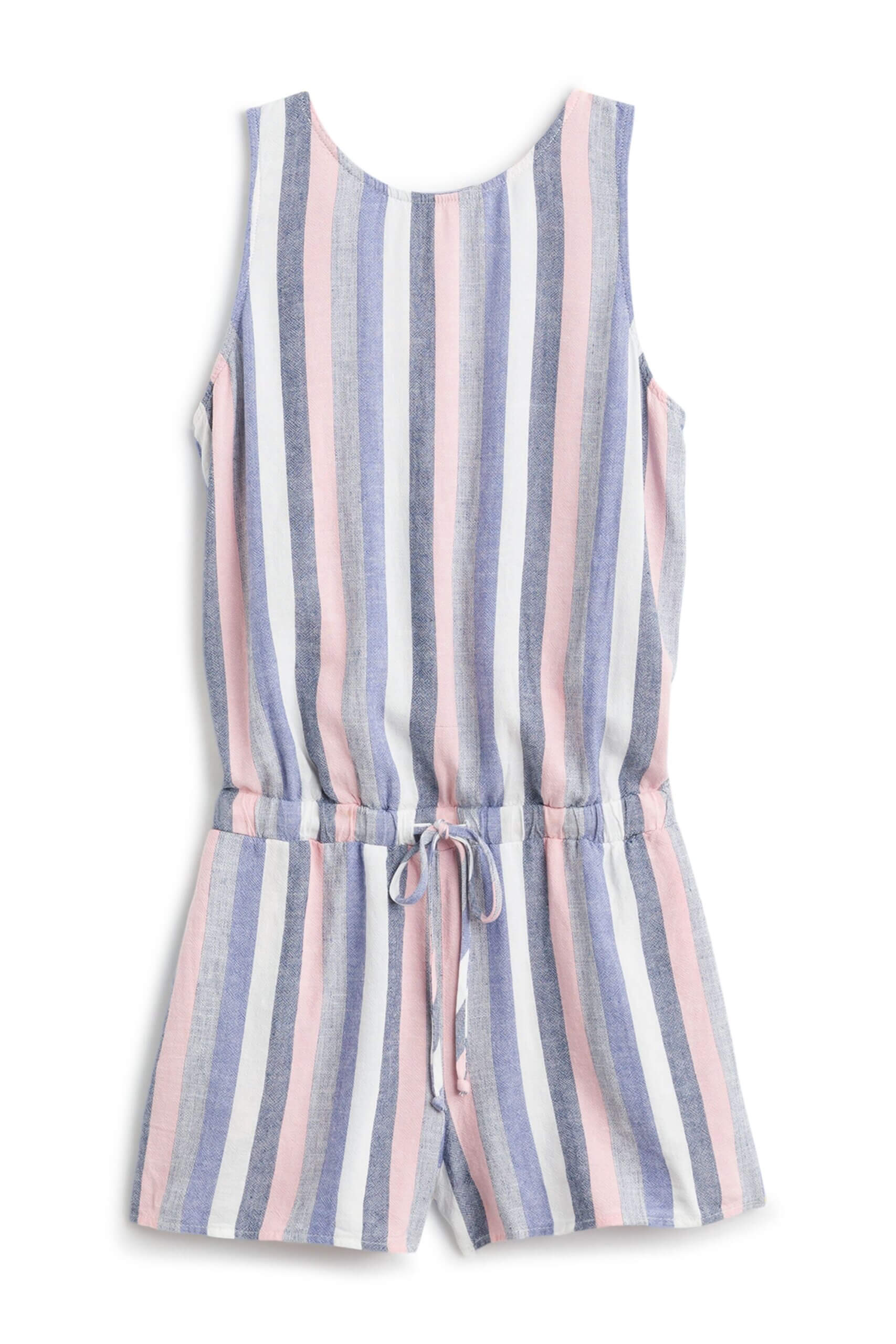 Stitch Fix women’s pink, white and blue stripe tie-waist romper.
