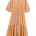 Stitch Fix women’s orange stripe tiered midi dress.