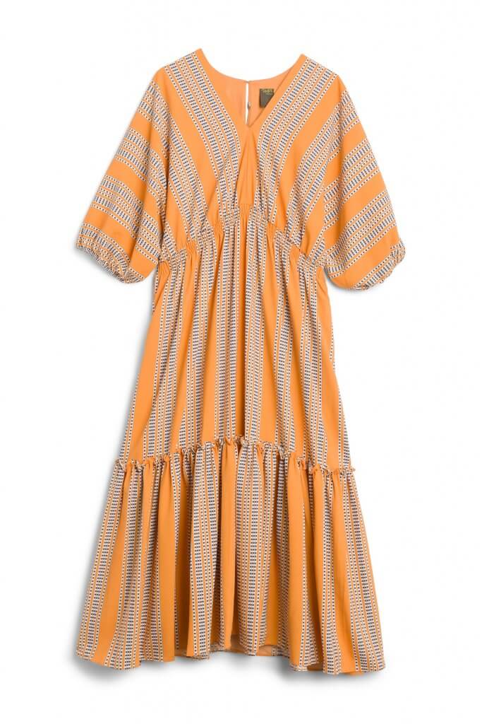 Stitch Fix women’s orange stripe tiered midi dress.
