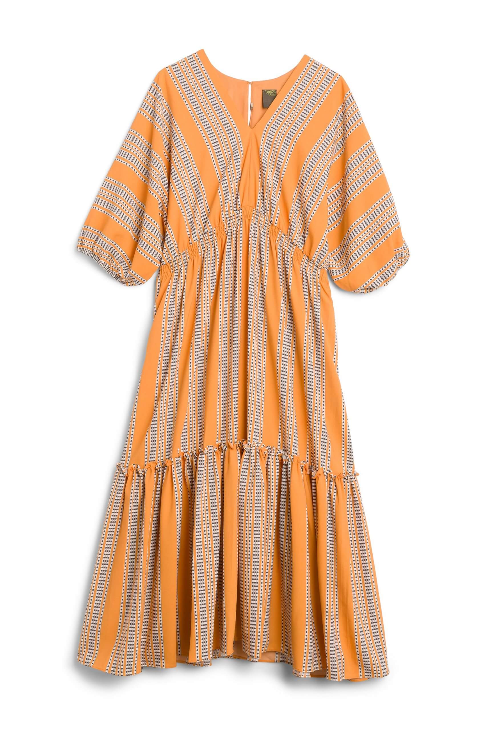 Stitch Fix women’s orange stripe tiered midi dress.