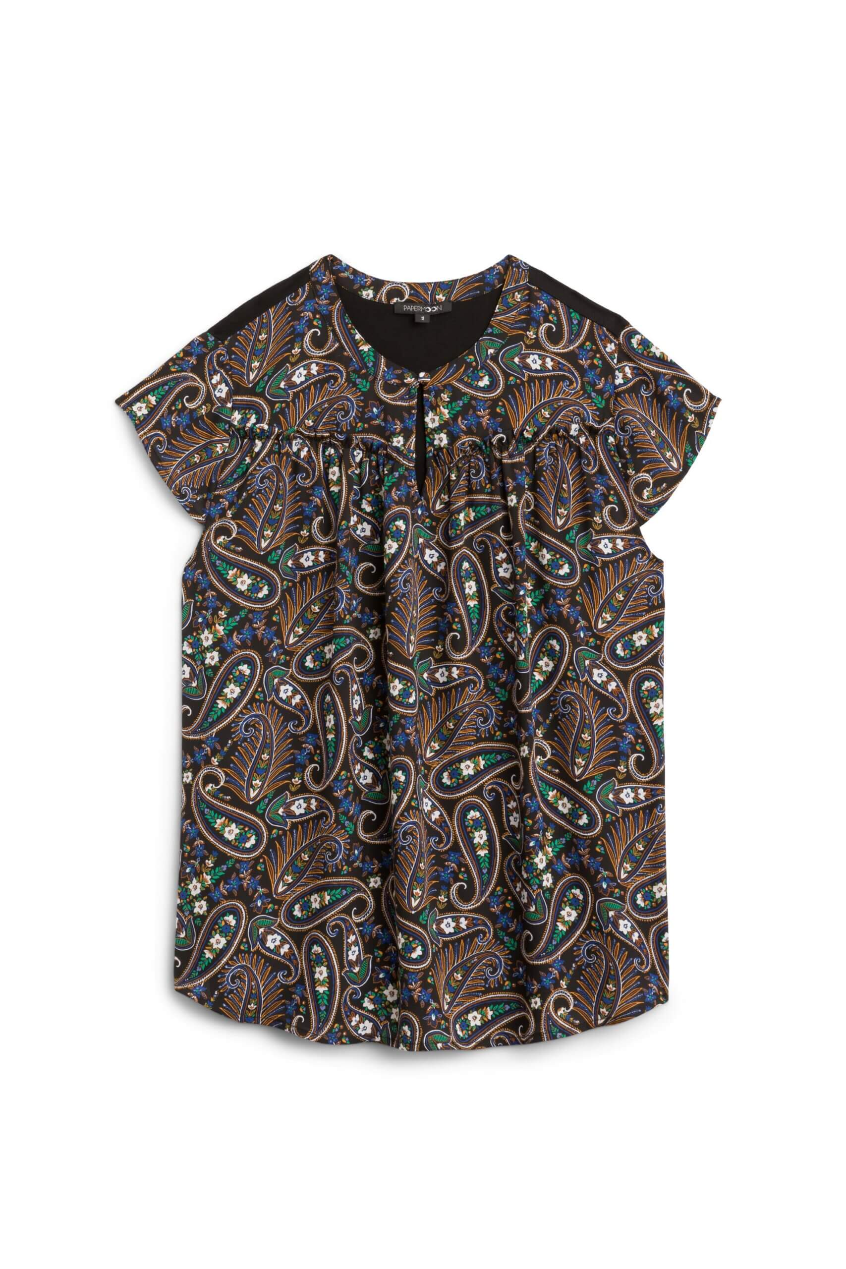 Stitch Fix women’s black and teal paisley flutter-sleeve blouse.