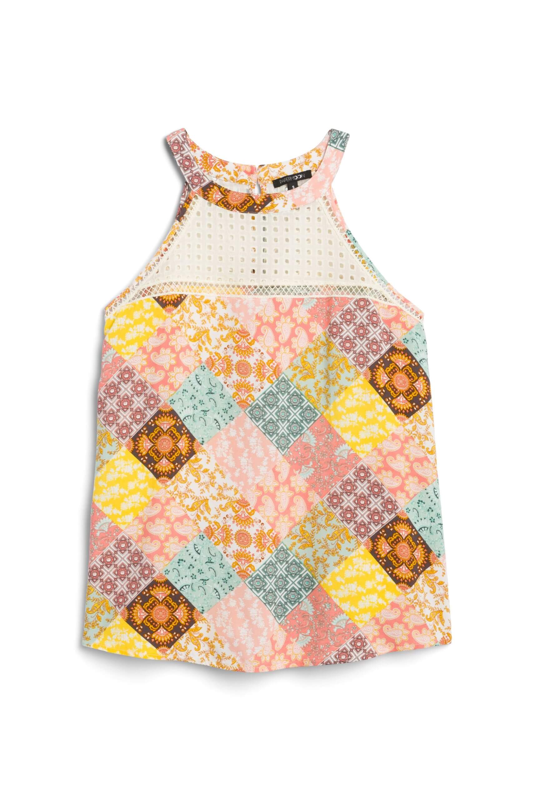 Stitch Fix women’s patchwork patterned halter top with crochet panel.