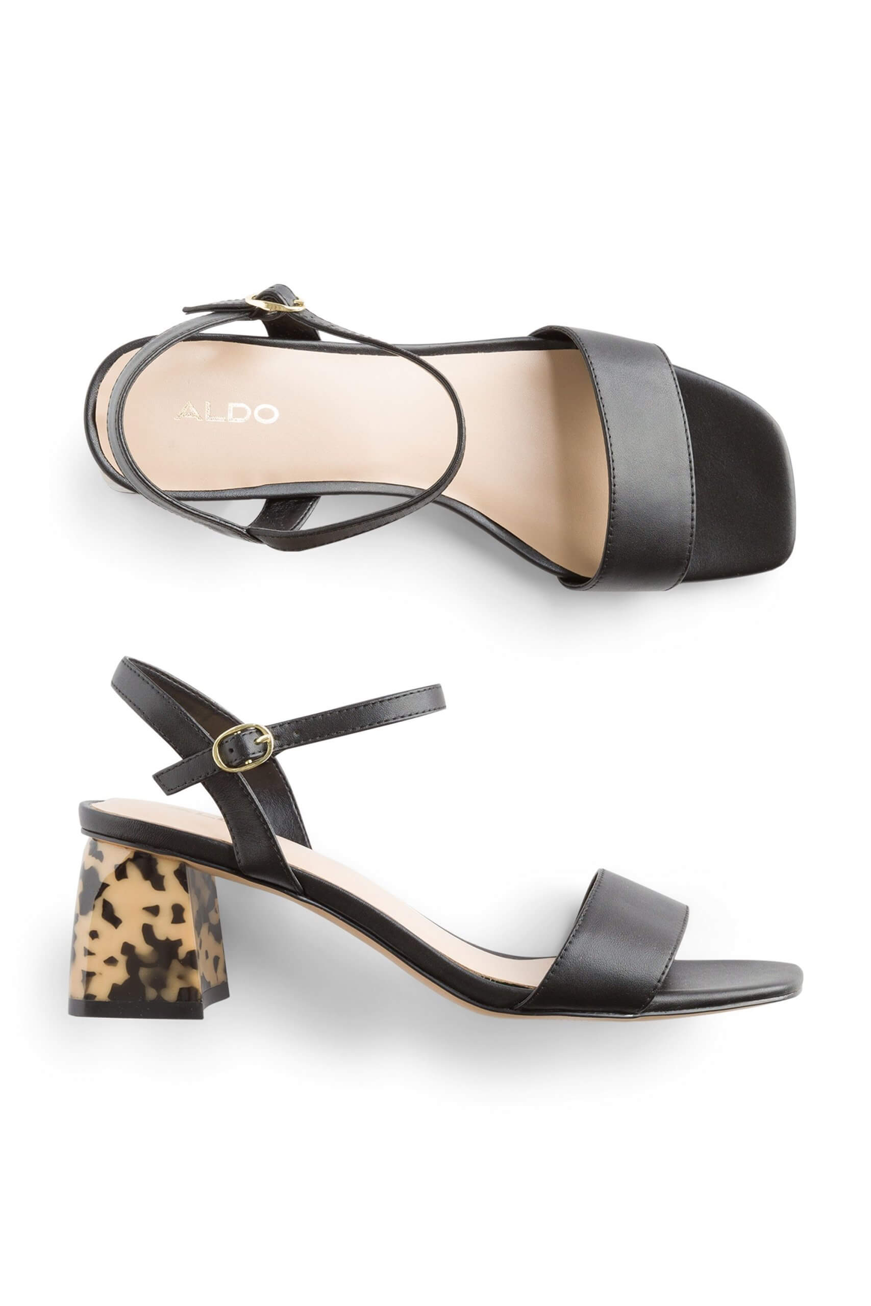 Stitch Fix women’s black strappy animal-print block heels.