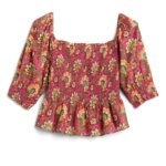 Stitch Fix women's 70s style pink, yellow and green floral print peplum blouse.