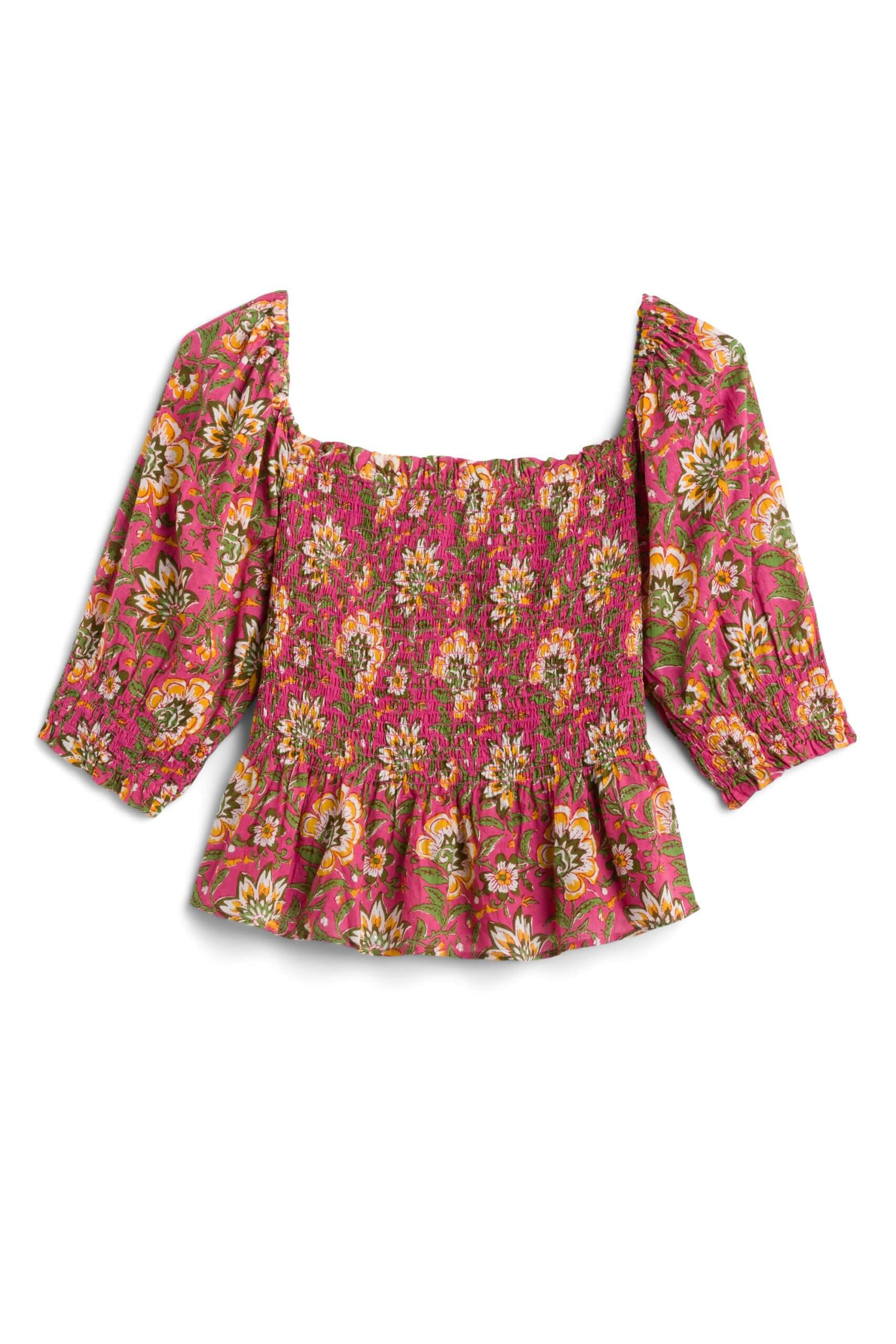 Stitch Fix women's 70s style pink, yellow and green floral print peplum blouse.