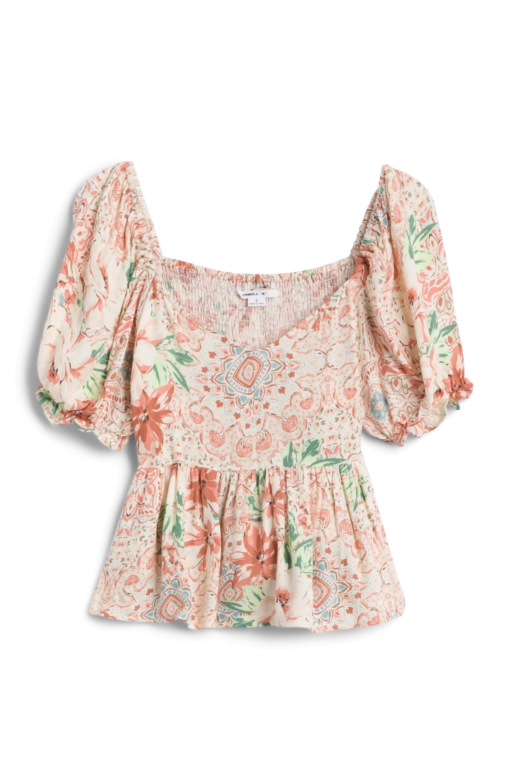 Stitch Fix women’s white, pink and green short sleeve, peplum blouse.