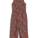 Stitch Fix women's red, green and black floral print, sleeveless jumpsuit.