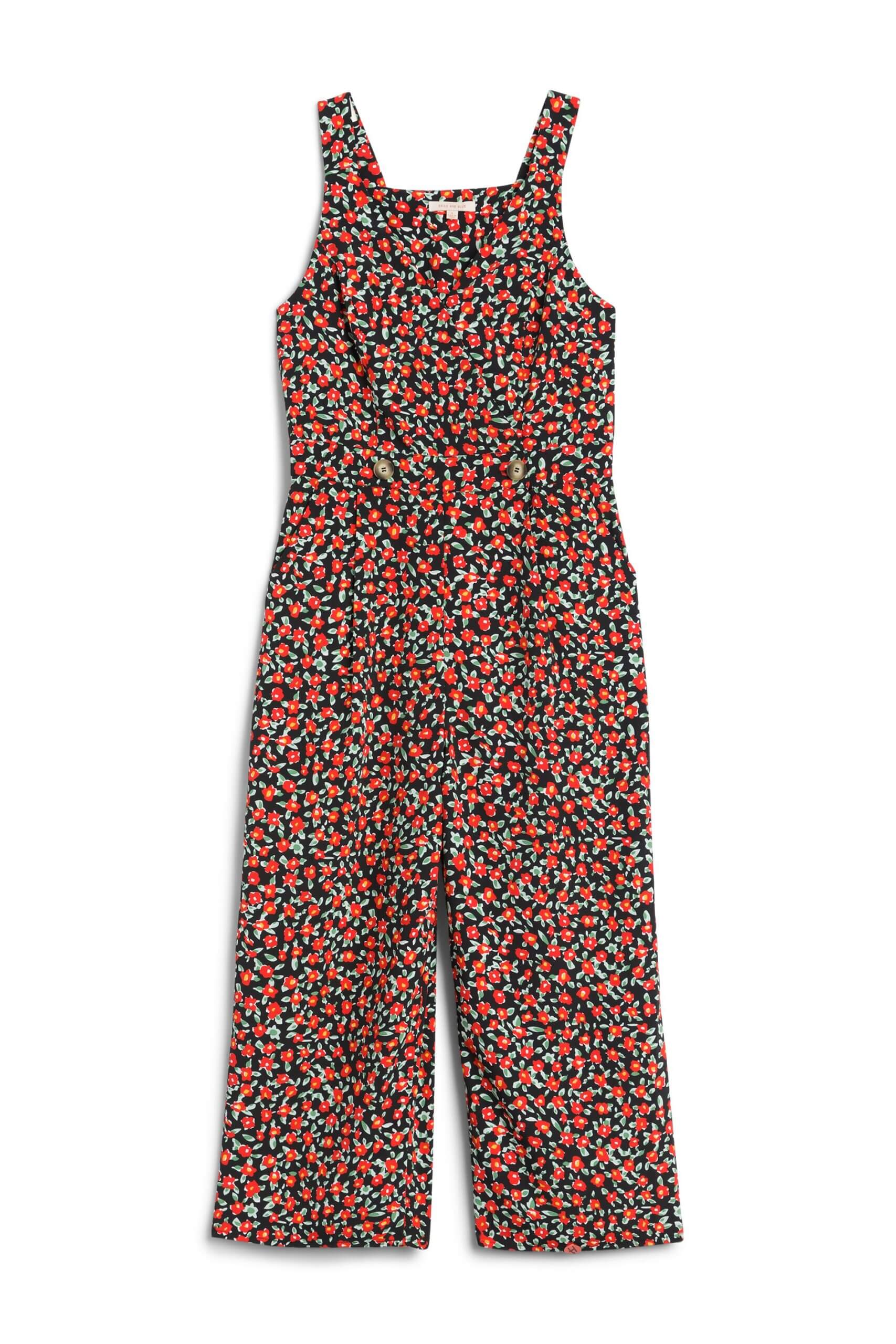 Stitch Fix women's red, green and black floral print, sleeveless jumpsuit.