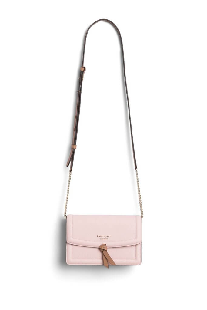 Stitch Fix women's pink crossbody purse with brown leather and gold chain strap.