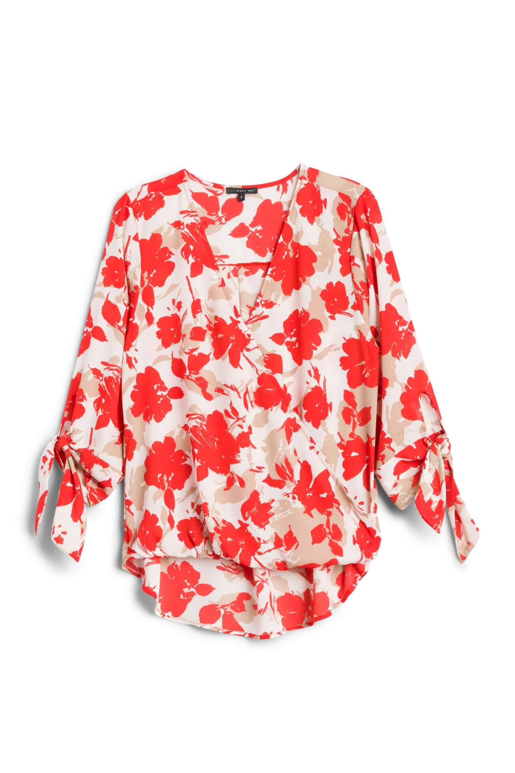 Stitch Fix women’s off-white surplice blouse with red floral pattern and three-quarter sleeves.