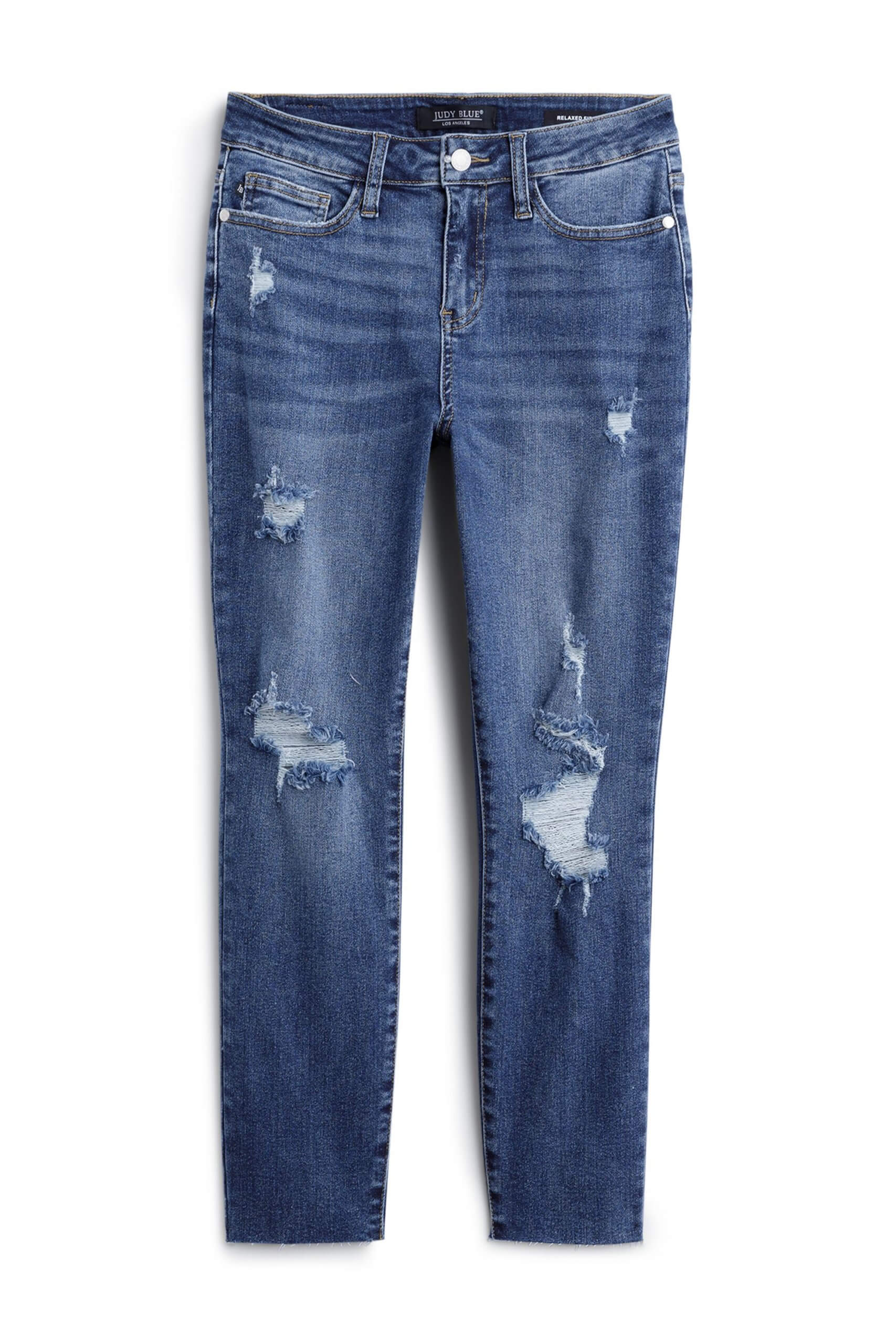 Stitch Fix Women’s dark wash distressed jeans.