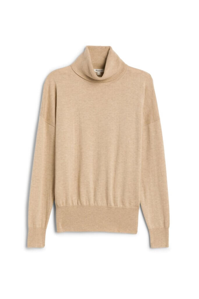 Stitch Fix women’s tan fitted turtleneck sweater with drop shoulders.