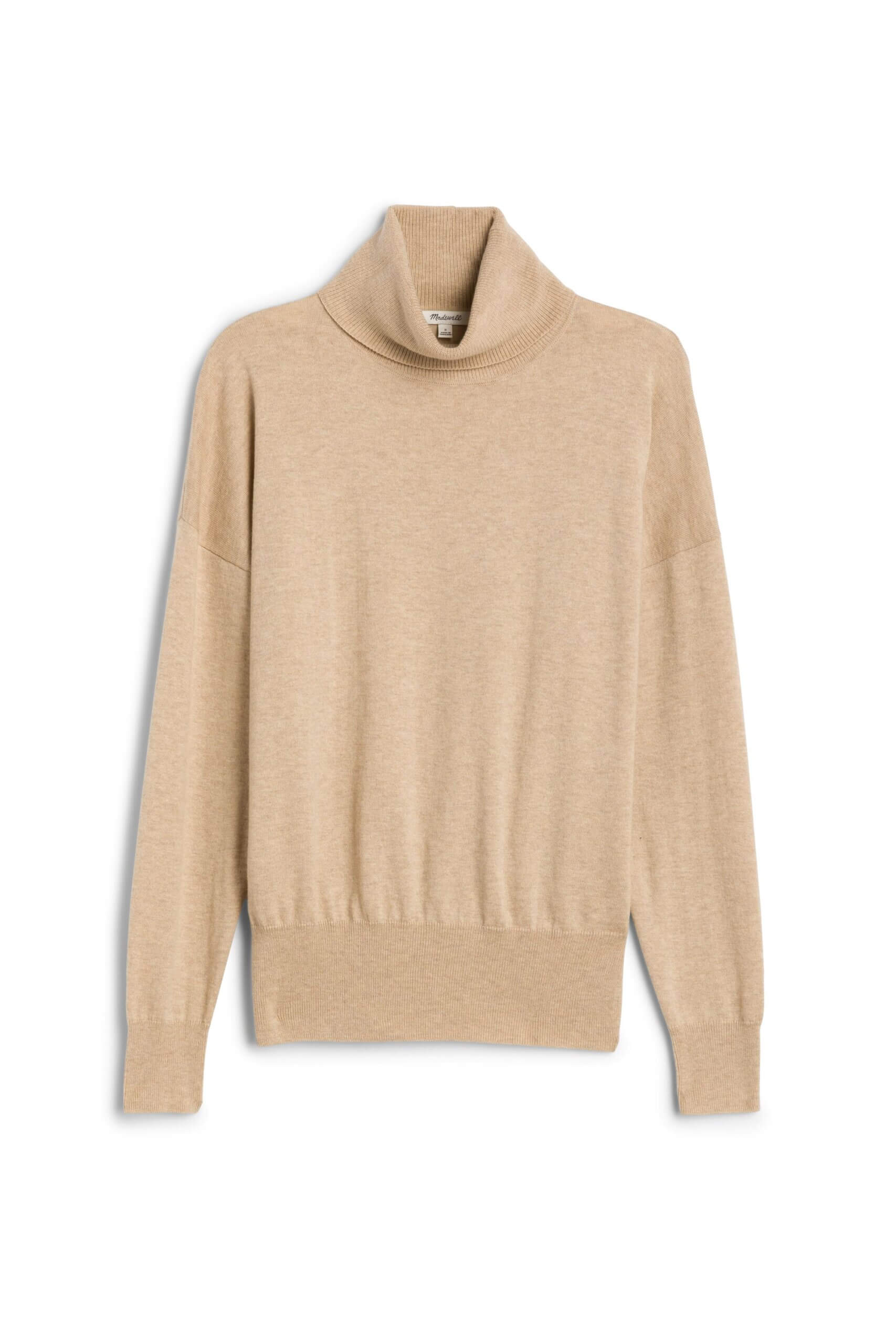 Stitch Fix women’s tan fitted turtleneck sweater with drop shoulders.