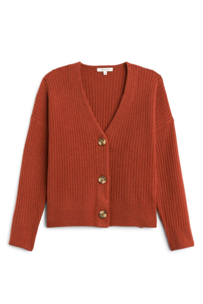 Stitch Fix women's burnt orange button-front cardigan.
