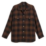 Stitch Fix women’s brown and black plaid button-up shacket.