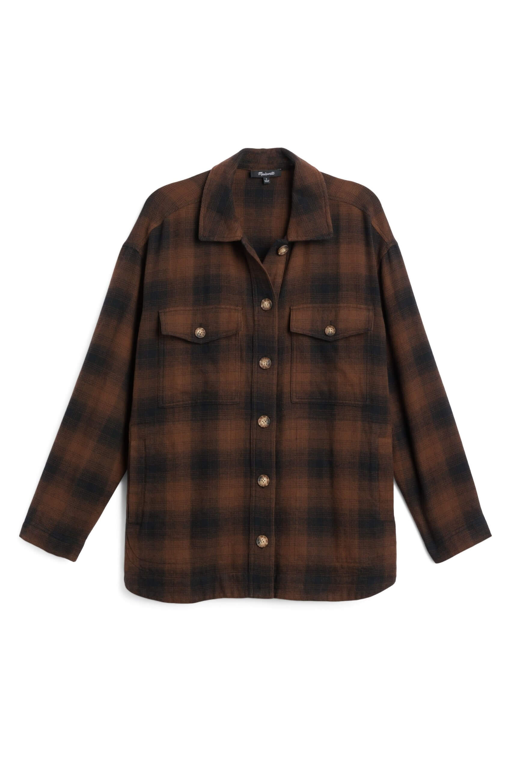 Stitch Fix women’s brown and black plaid button-up shacket.
