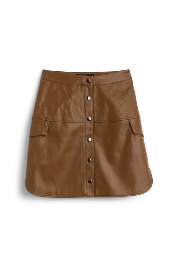 Stitch Fix women’s brown faux-leather skirt with silver buttons.