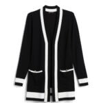 Stitch Fix women’s black cardigan with white tipped trim.