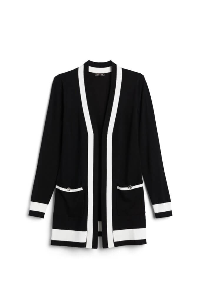 Stitch Fix women’s black cardigan with white tipped trim.