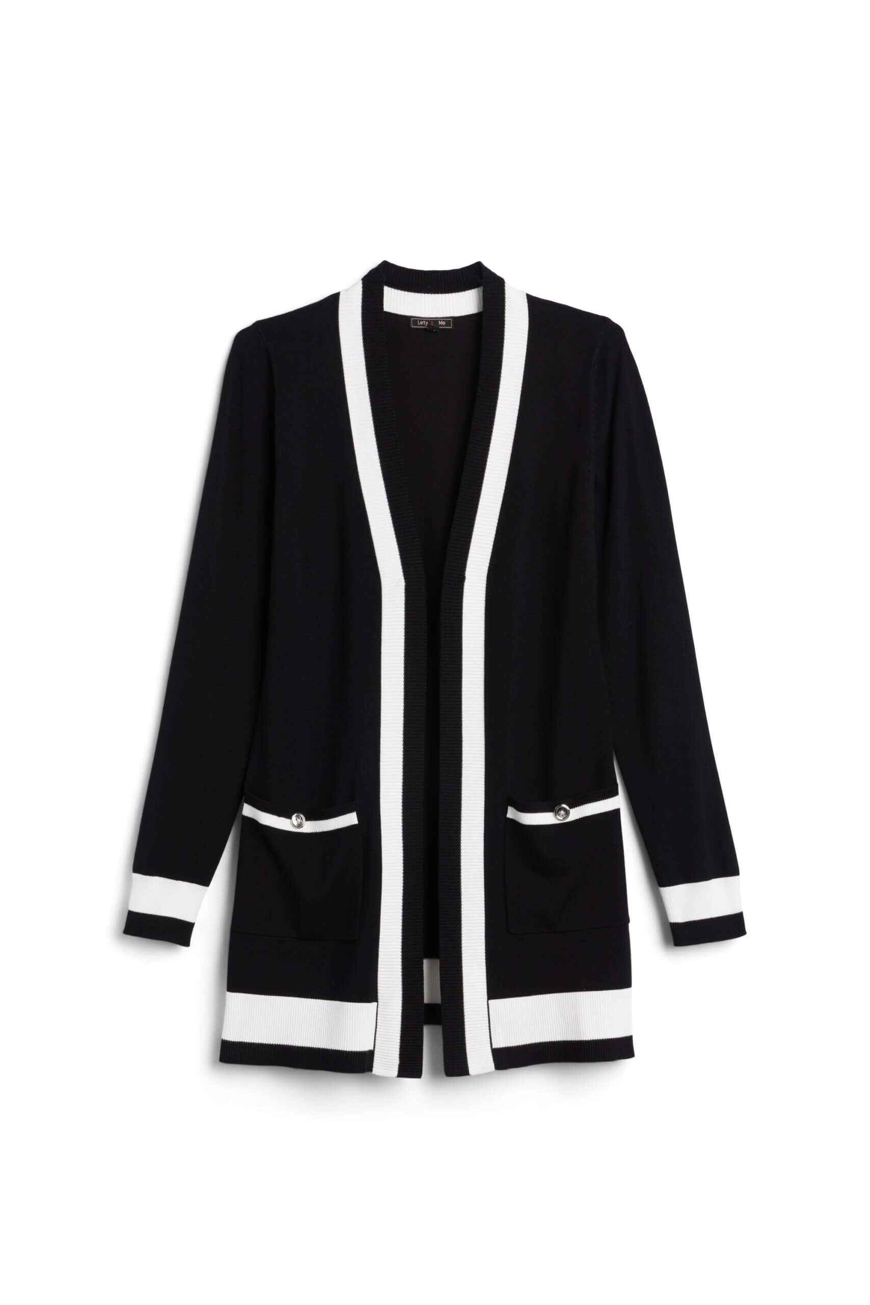 Stitch Fix women’s black cardigan with white tipped trim.